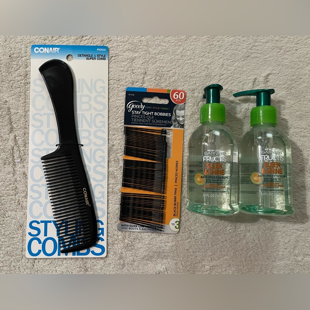 Garnier Fructis Sleek & Shine Anti-Frizz Serum 5.1 Fl Oz x2 , Bobby pins , comb
